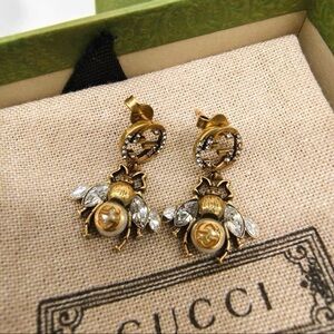 Gucci Gold-Tone Bee Drop Earrings with Clear Crystals